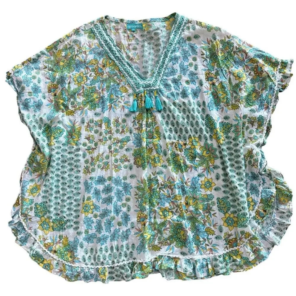 Missander Women’s cotton cover-up, green, turquoise, tassels, one size